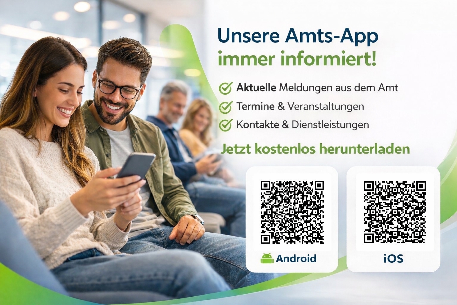 Werbeplakat für die Amts-App des Amtes Sandesneben-Nusse. Zwei Personen sitzen im Wartebereich und nutzen Smartphones. Der Text informiert über die Funktionen der App: aktuelle Meldungen aus dem Amt, Termine und Veranstaltungen sowie Ansprechpartner und Dienstleistungen. Zwei QR-Codes führen zum Download der App für Android und iOS.
