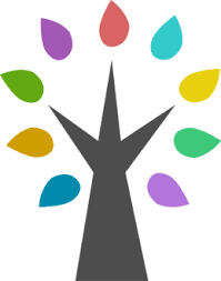 Stilisiertes Baumlogo mit grauem Stamm und bunten, tropfenförmigen Blättern in verschiedenen Farben – Symbol für Vielfalt und Wachstum.