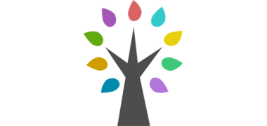 Stilisiertes Baumlogo mit grauem Stamm und bunten, tropfenförmigen Blättern in verschiedenen Farben – Symbol für Vielfalt und Wachstum.