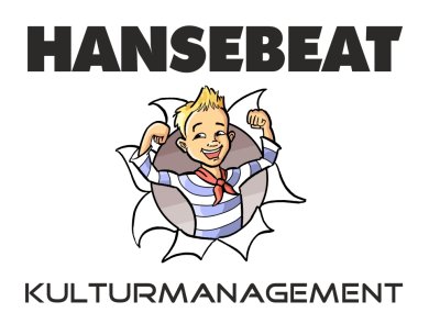 Logo „Hansebeat Kulturmanagement“ mit fröhlicher Comicfigur im Matrosenoutfit, die durch den Schriftzug bricht – weiße Version.