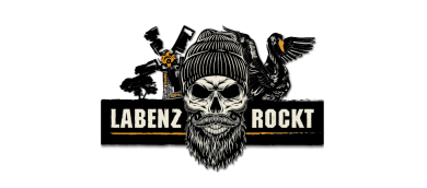 Logo des Musikfestivals „Labenz rockt“ mit stilisiertem Totenkopf mit Mütze und Bart, umrahmt von grafischen Rockelementen.