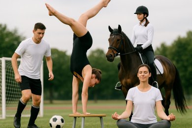 Vier Personen beim Sport im Freien – Fußballspieler, Turnerin im Handstand, Reiterin auf Pferd und Frau beim Yoga, Symbol für Sportvielfalt.