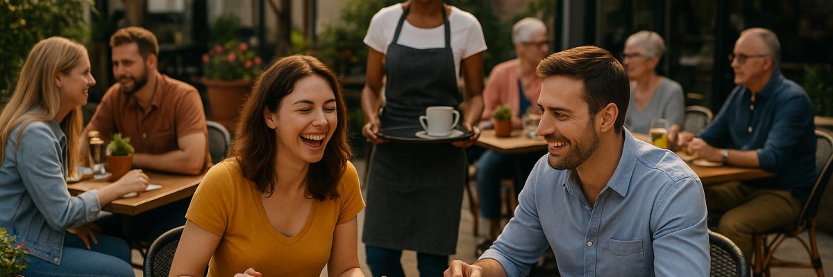 Gäste sitzen fröhlich in einem gemütlichen Restaurant oder Café im Freien, essen und lachen miteinander, während eine Servicekraft Speisen serviert – Symbol für Geselligkeit und Gastronomie.