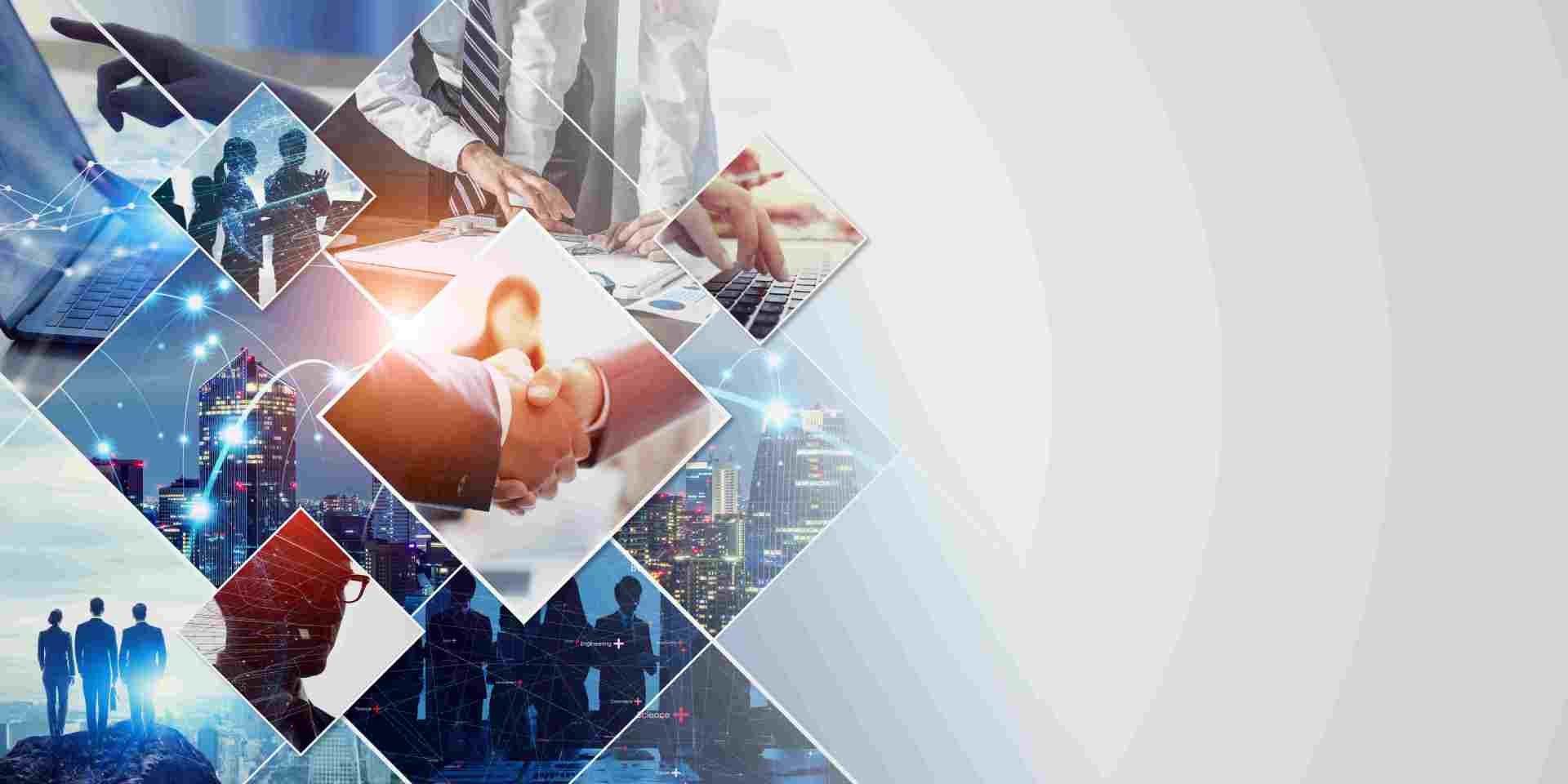 Collage aus Geschäftsszenen mit Handschlag, Laptoparbeit, Teammeeting und Stadtansichten – Symbol für Zusammenarbeit, Digitalisierung und wirtschaftliche Vernetzung.