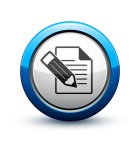 Symbol-Icon mit einem Blatt Papier und einem Stift, dargestellt in einem blauen Kreis.