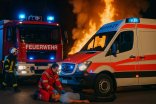Feuerwehrfahrzeug und Notarztwagen mit Blaulicht bei einem Brand; Notarzt versorgt einen Verletzten auf der Straße.