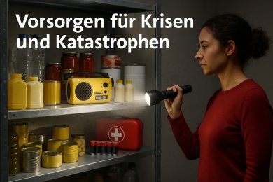 Frau beleuchtet mit Taschenlampe Vorräte in einem Regal mit Lebensmitteln, Wasser, Radio und Erste-Hilfe-Set. Text: „Vorsorgen für Krisen und Katastrophen“.