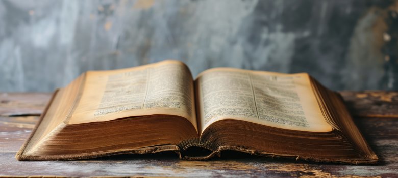 Antique book opened on a weathered wood surface