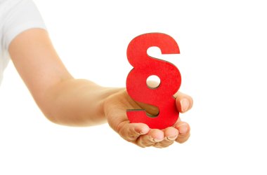 Eine Hand hält ein rotes Paragraphenzeichen – Symbol für Recht, Gesetz und Verwaltung.