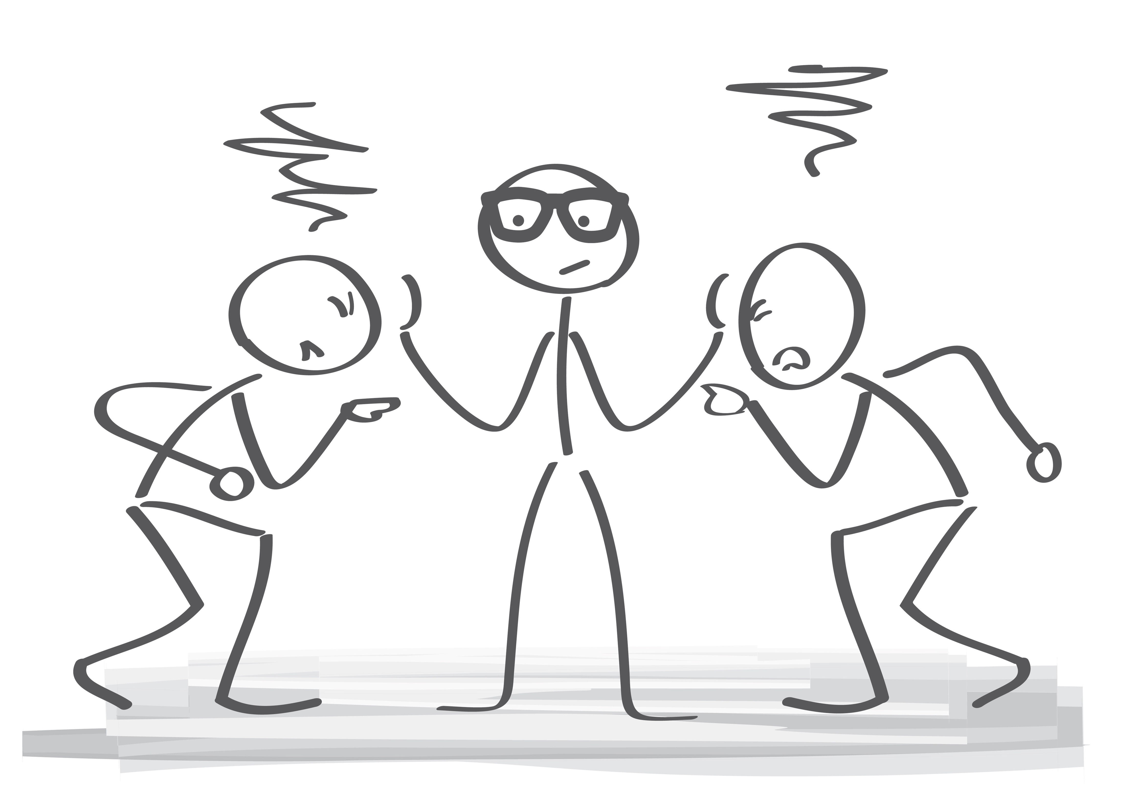 Strichzeichnung mit einer Person, die zwischen zwei streitenden Personen vermittelt – Darstellung einer Schlichtungssituation.