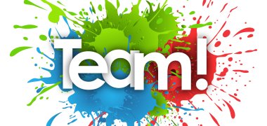 Team Bunt gestaltetes Wort „Team!“ mit Farbspritzern – steht für Zusammenhalt, Kreativität und Kooperation.